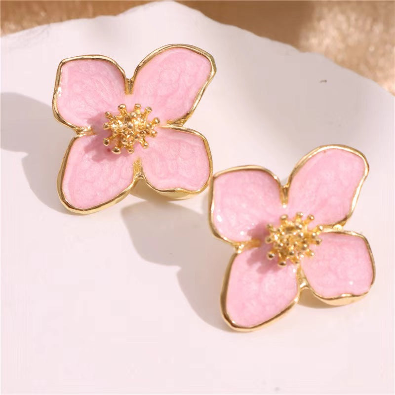Roselle French Style Retro Drip Glazed Red Flower Three-dimensional Small Rings