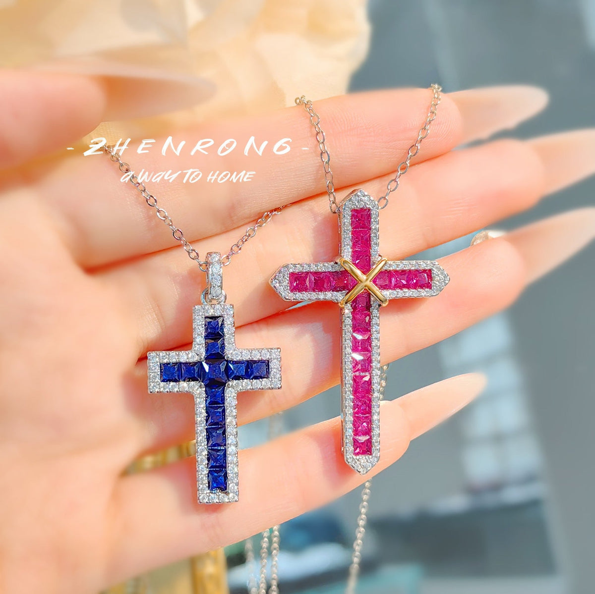 Women's Vintage Simulated Ruby Cross Diamond Red Corundum Colored Gems Necklaces