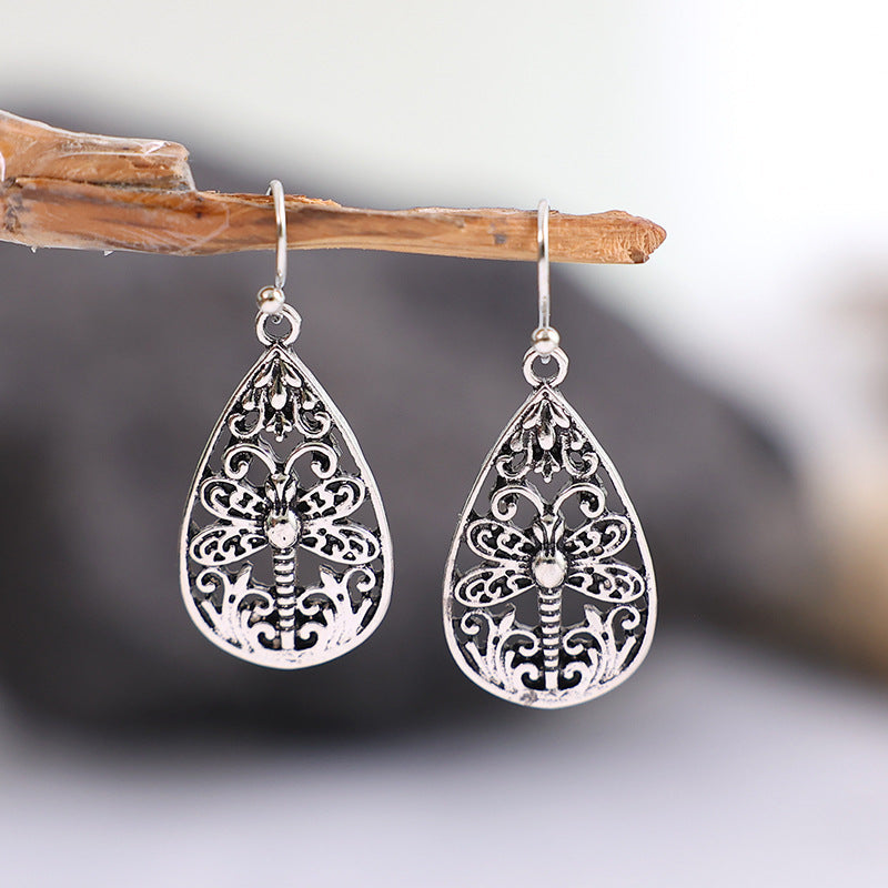 Hollow Dragonfly Water Drop Ethnic Style Earrings