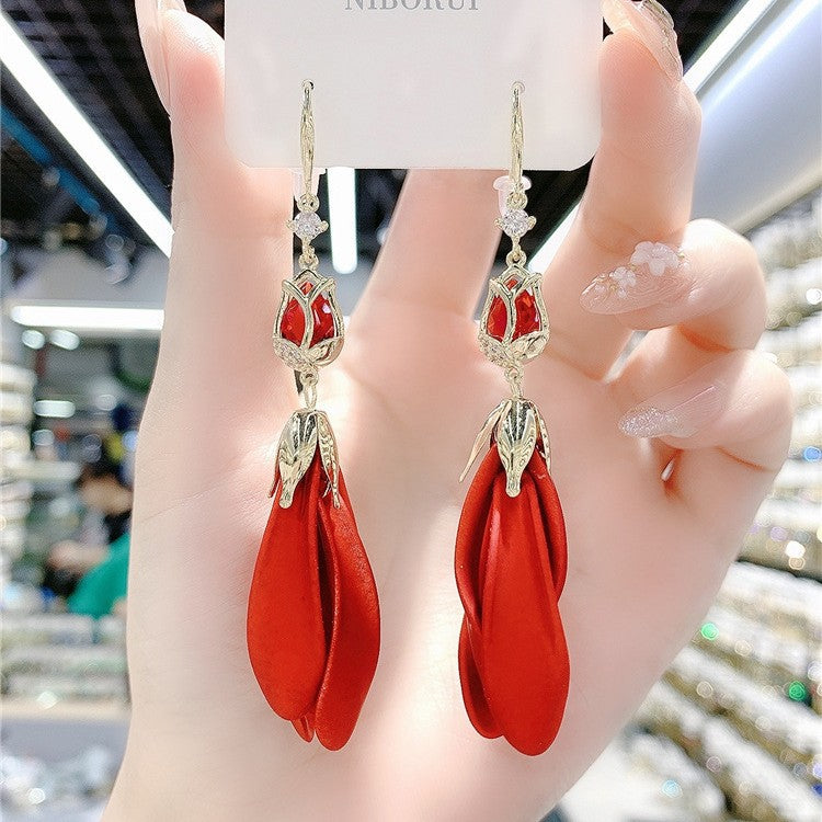 Women's Red Tulip Petal Trendy Elegant Long Earrings