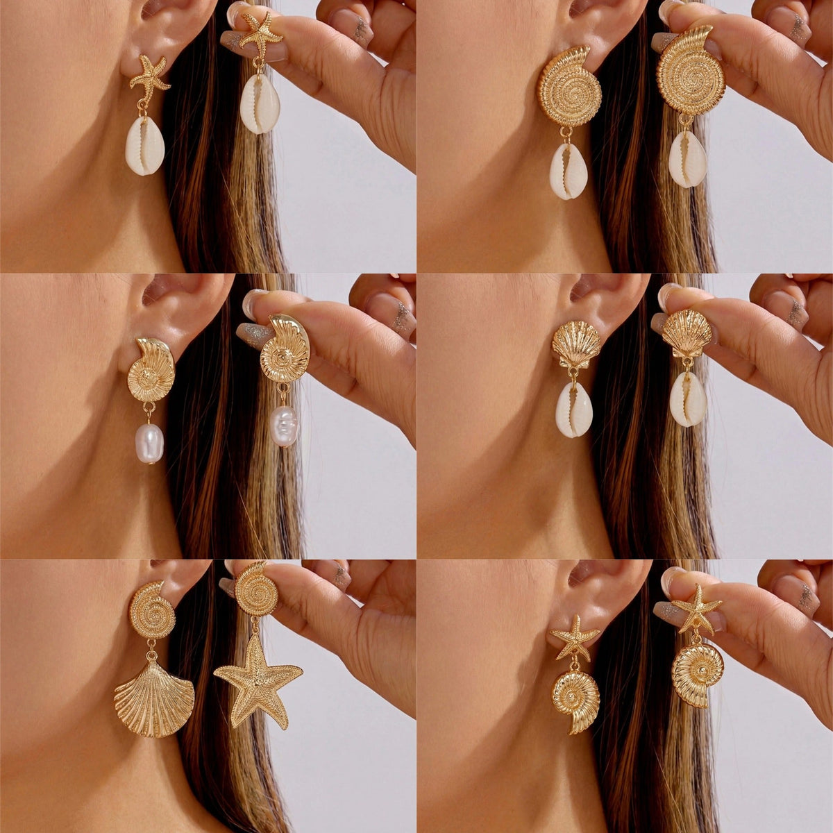 Beach Summer Seaside Starfish Conch Short Scallop Pearl Earrings