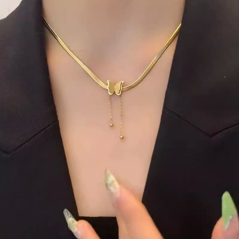 Gold Frosted Stainless Steel Delicate Tassel Snake Necklace