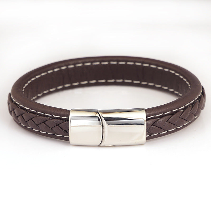 Men's Steel Stainless Magnetic Snap Genuine Leather Rope Bracelets