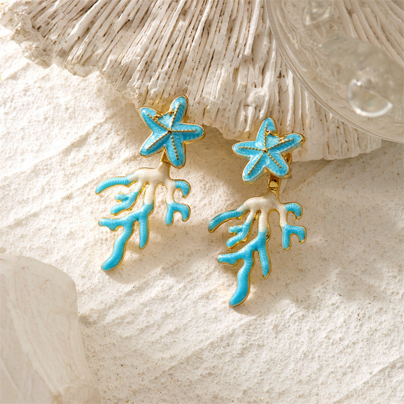 Women's Enamel Glaze Starfish Coral Diamond In The Debris Marine Shell Earrings