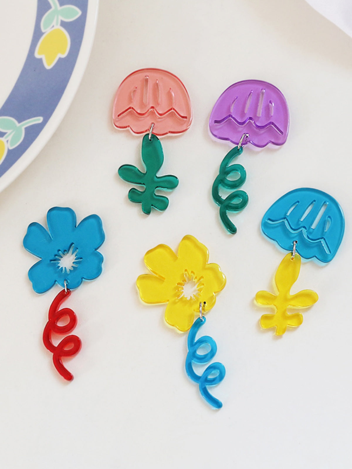 Illustration Line Tulip Flower Leaf Acrylic Handmade Earrings