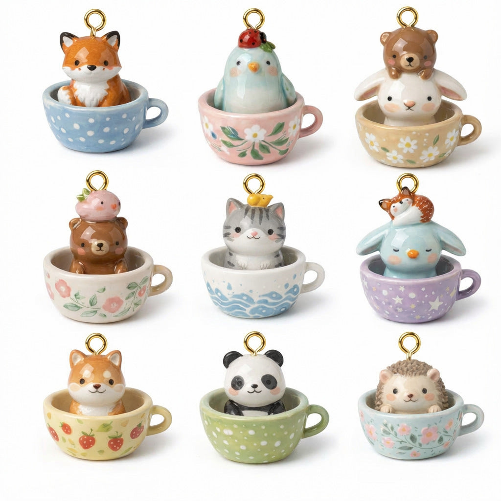 Tea Cup Animal Series Fox Penguin Rabbit Panda Pendant