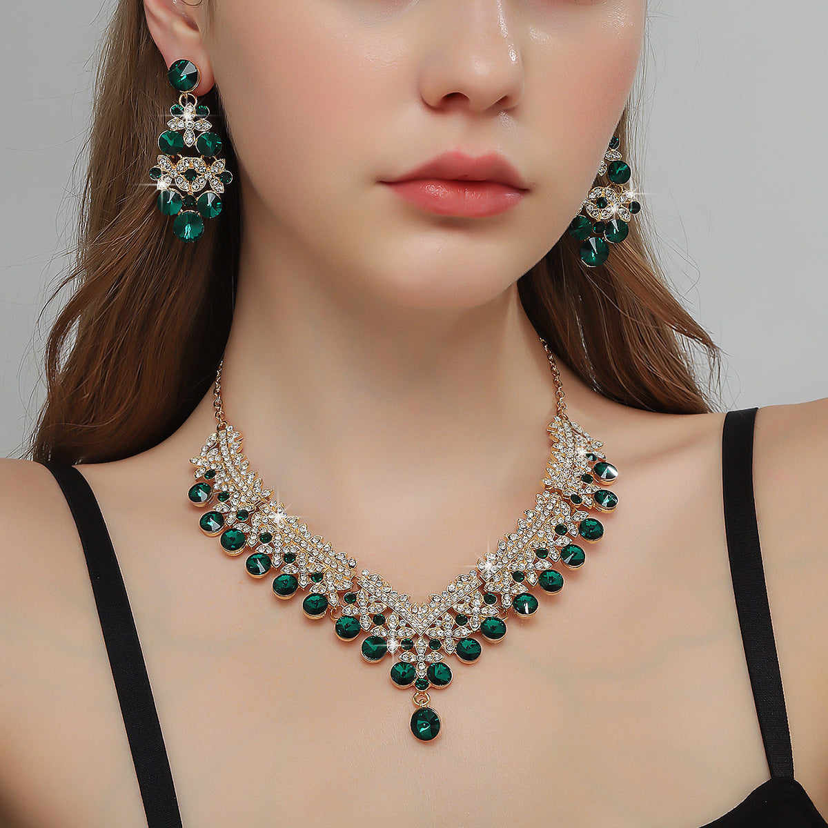 Bridal Wedding Suite Alloy Green Rhinestone Luxury Jewelry Set
