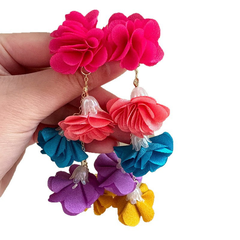 Sweet Dopamine Design Ear Temperament Colorful Fabric Flower Tassel Super Earrings
