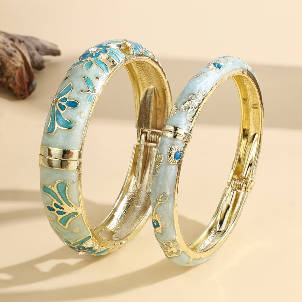 Tourist Souvenir Retro Style Flower Green Leaf Diamond Cloisonne Widened Bracelet