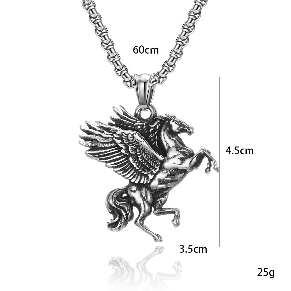 Women's & Men's Retro Style Greek Mythology Titanium Steel Pegasus Unicorn Double Wings Necklace