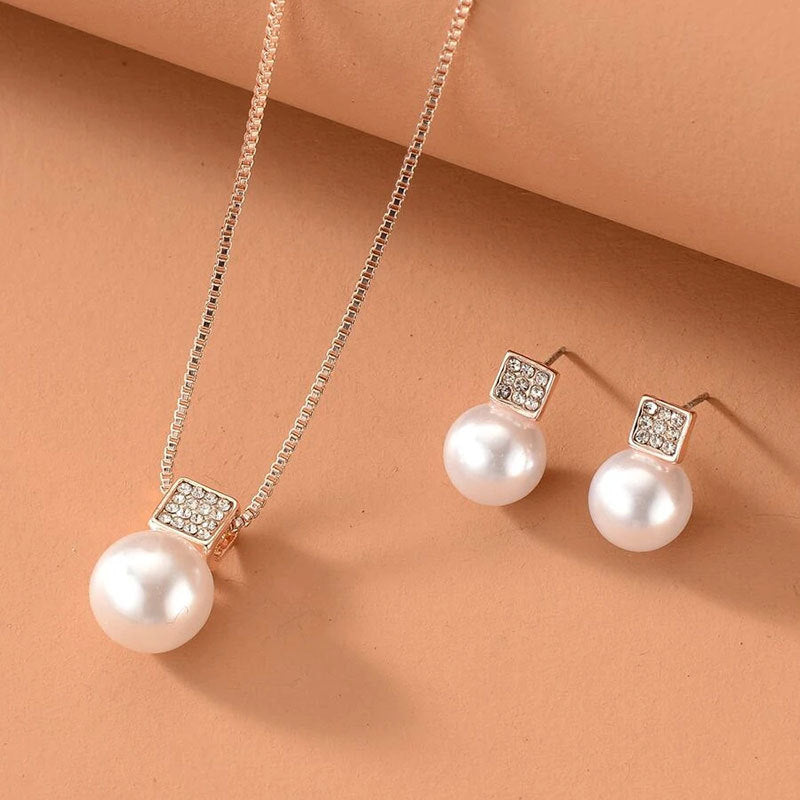 Women's Simple Square Pearl Ear Inlaid Bridal Jewelry Set