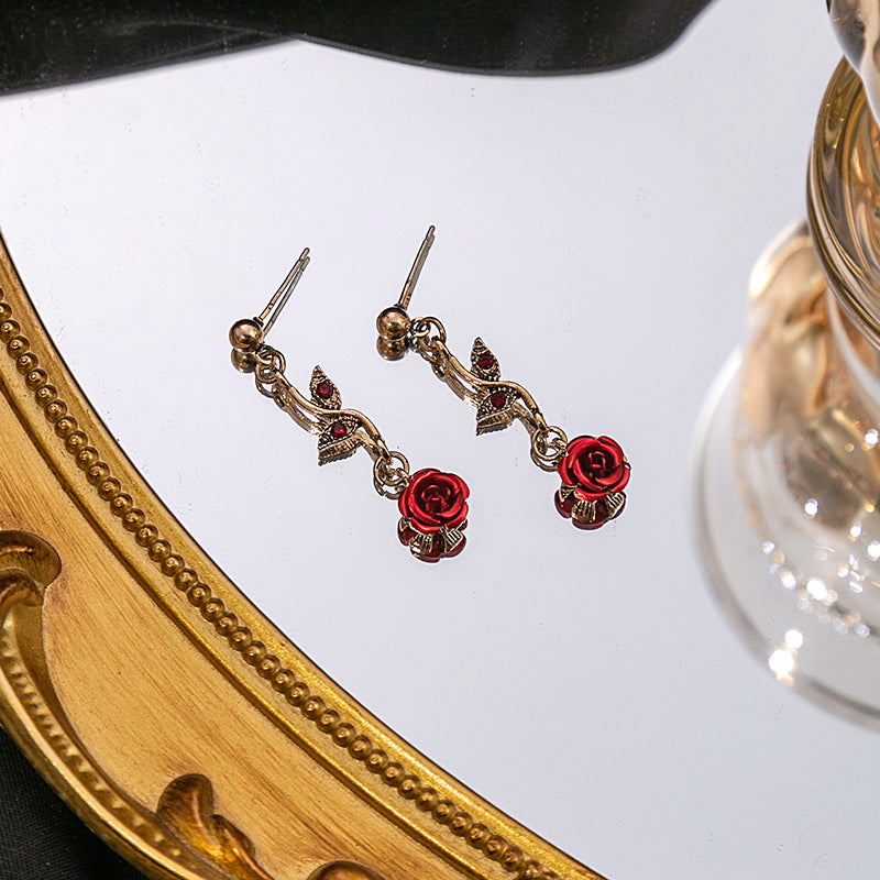 French Style Mori Rose Vintage Romantic Red Flower Niche Rings