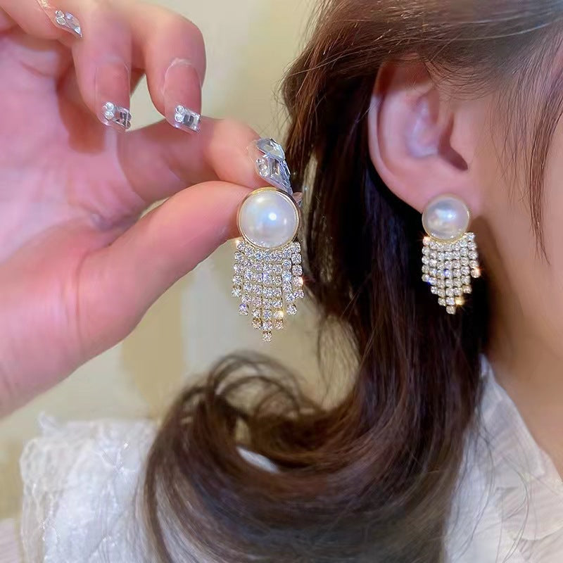 Tassel High-grade Sier Needle Metal Light Luxury Pearl Rings