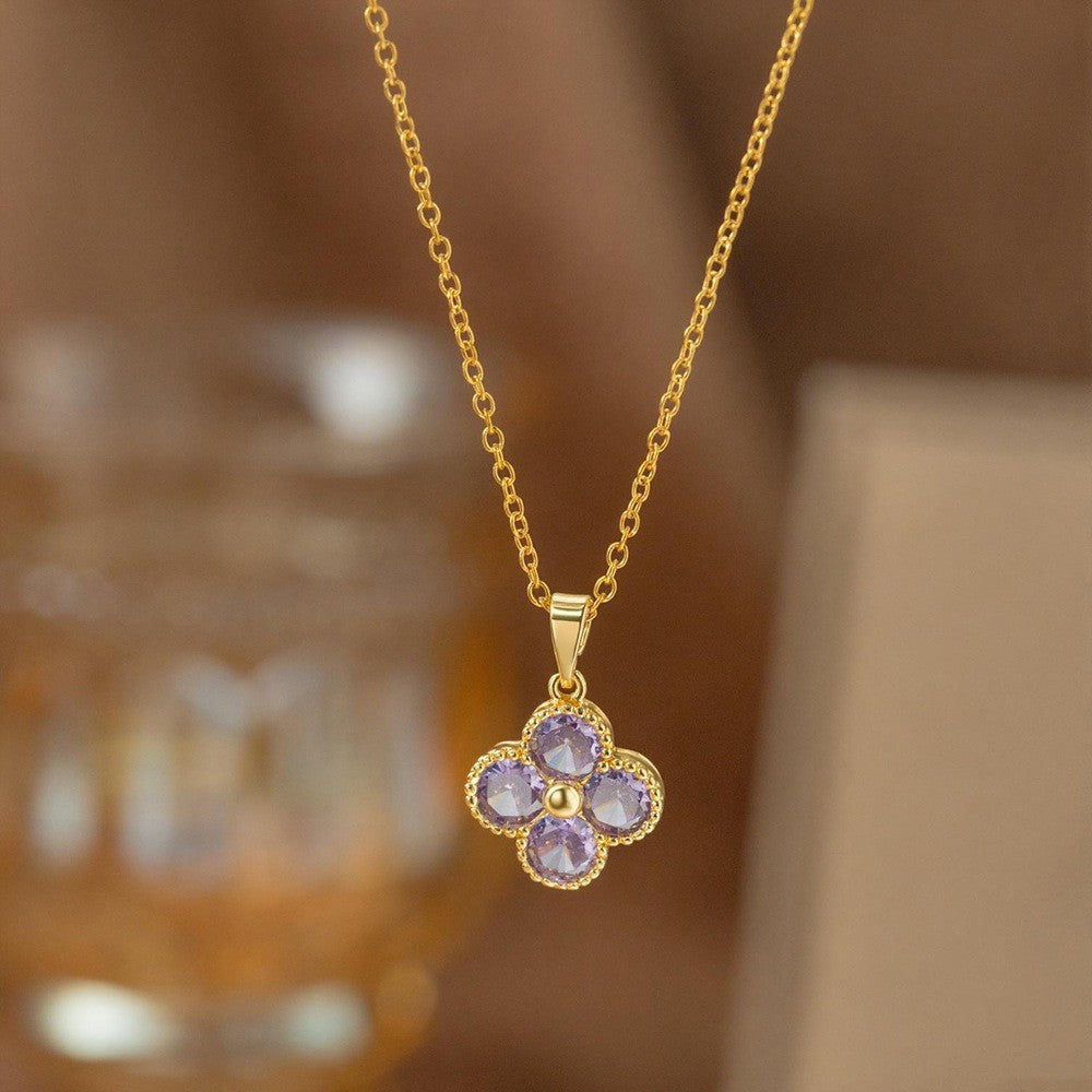 Steel Female Micro Inlaid Pink Diamond Necklace