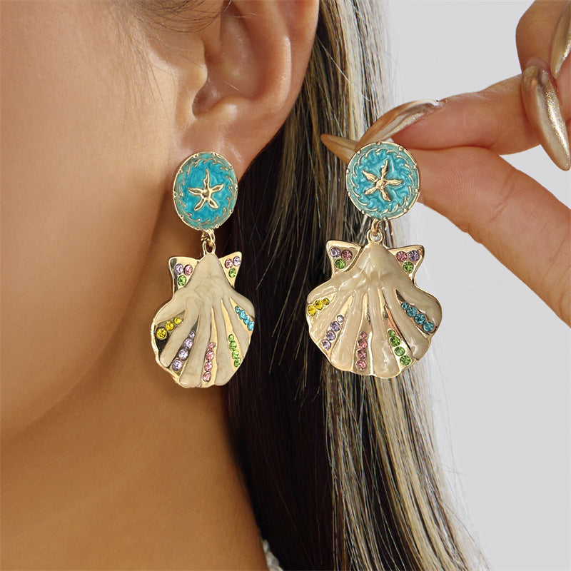 Women's Enamel Glaze Starfish Coral Diamond In The Debris Marine Shell Earrings