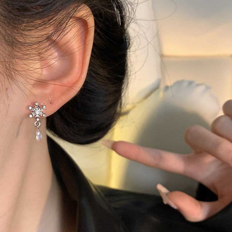 Sier Needle Light Luxury Minority Snowflake Zircon Ear Tide Graceful Stud Earrings
