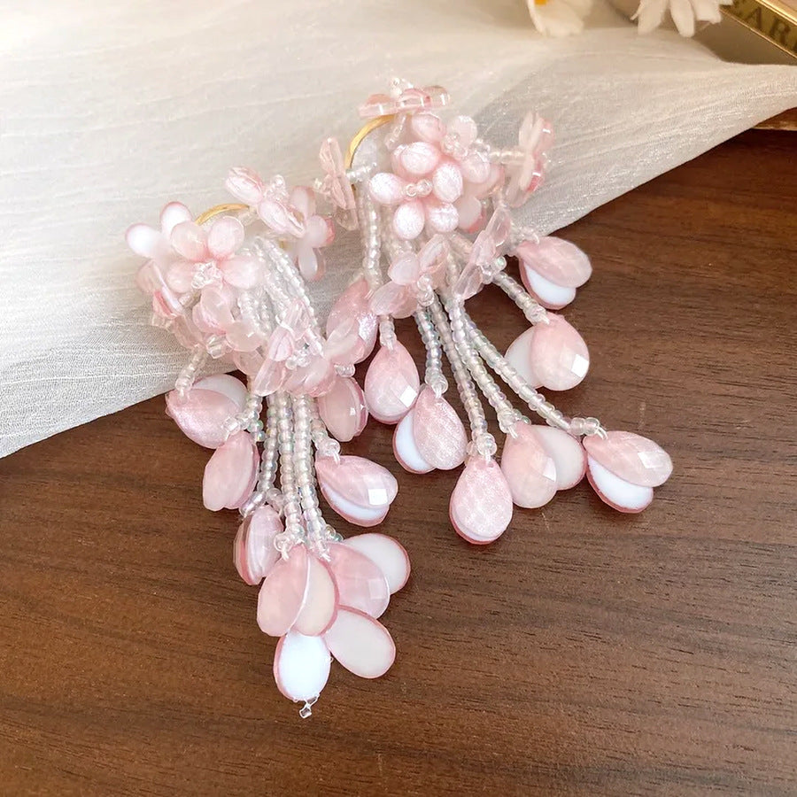 Tea Sweet Pink Flower Beaded Tassel Rings