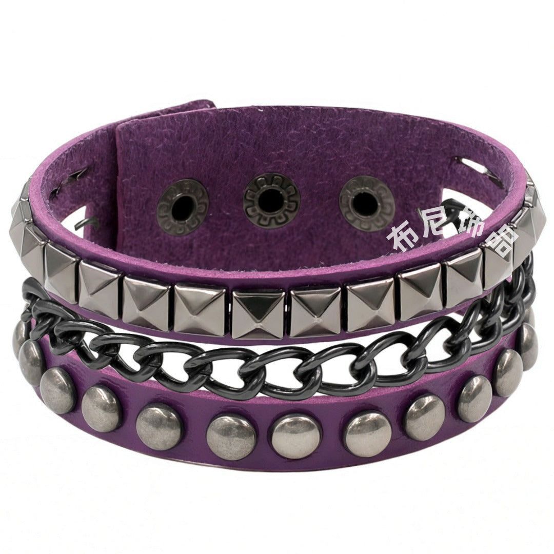 Protection Leather Fashion Punk Dark Black Square Round Bracelet