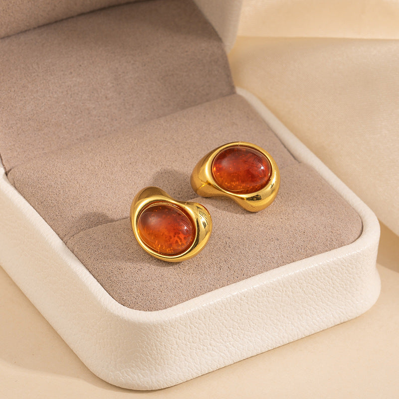 Women's Simple Stainless Steel Amber Round Temperamental Minority Stud Earrings