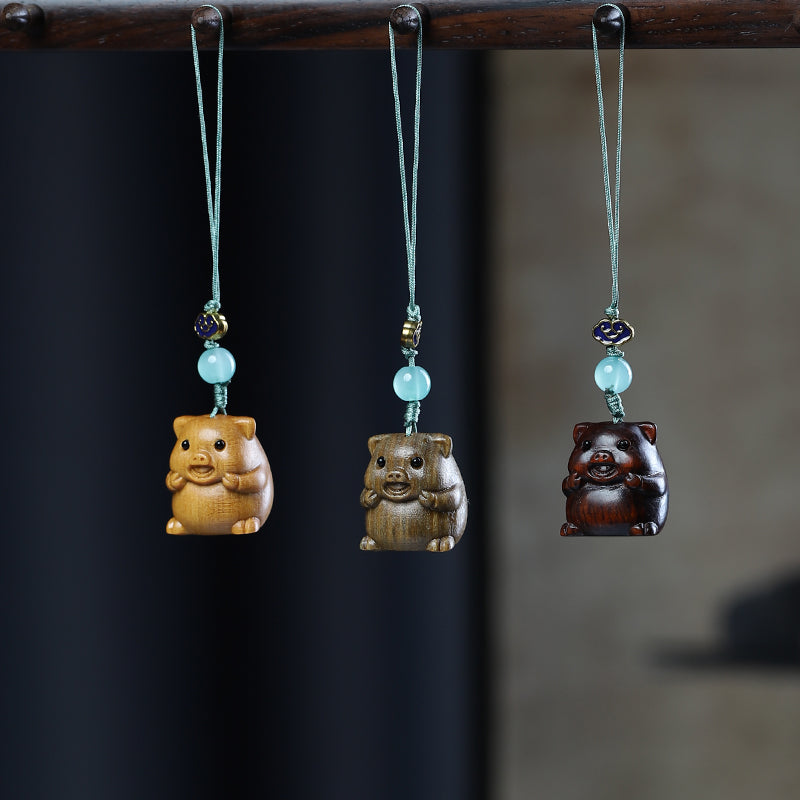 Green Sandalwood Carving Cute Animal Creative Bag Car Key Mobile Pendant