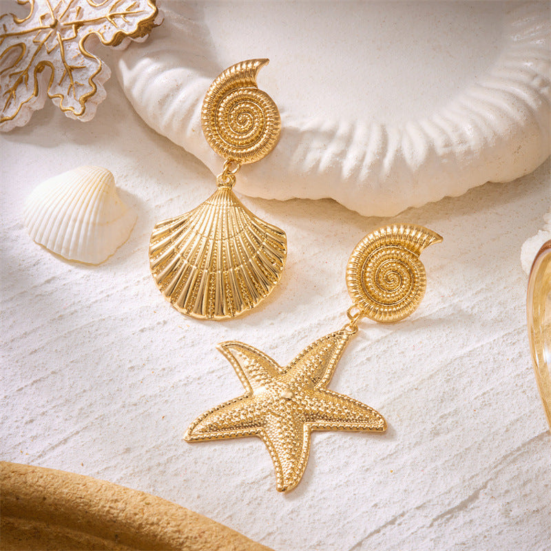 Beach Summer Seaside Starfish Conch Short Scallop Pearl Earrings