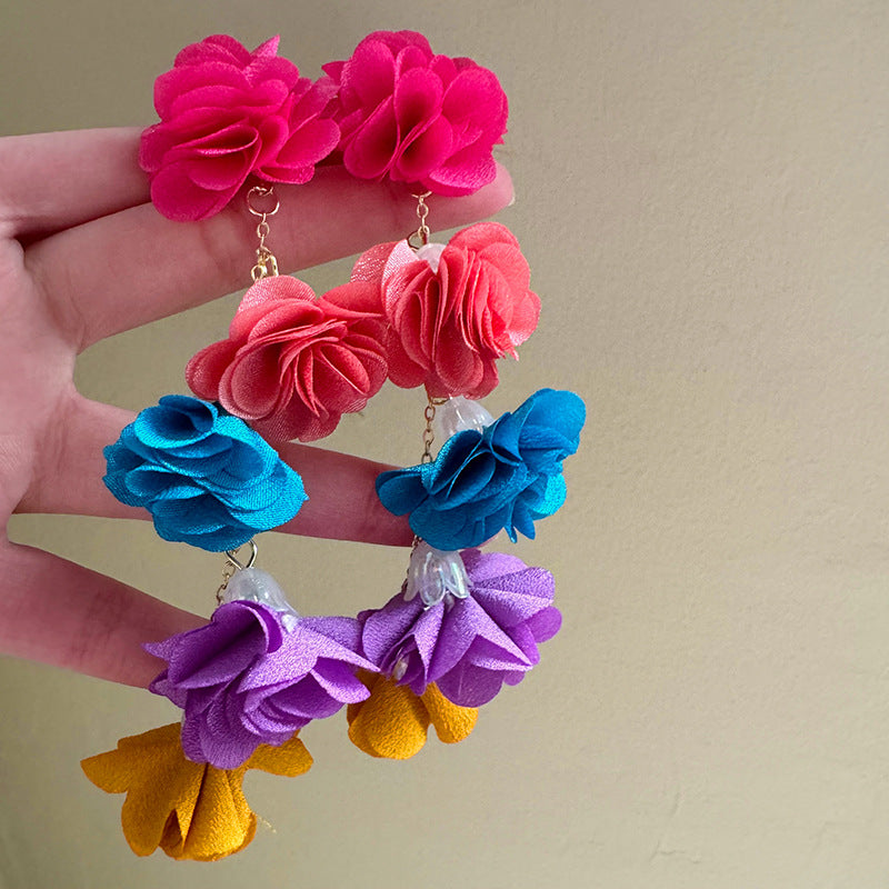 Sweet Dopamine Design Ear Temperament Colorful Fabric Flower Tassel Super Earrings