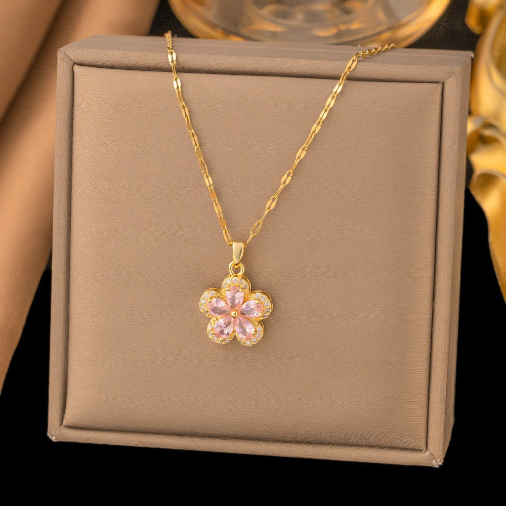 Steel Female Micro Inlaid Pink Diamond Necklace