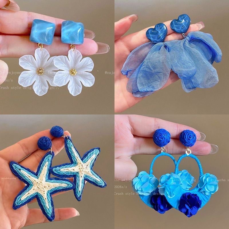 Summer Super Fairy Vacation Style Blue Flower Tassel Fashion Elegant Rings