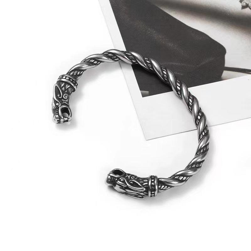 Men's Retro Nordic Viking Double Chinese Dragon Heads Bracelet