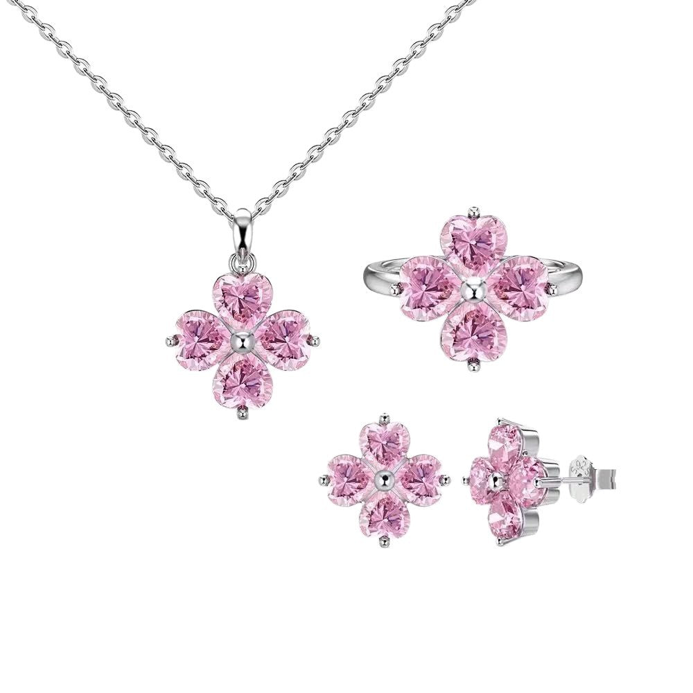 Women's Sier Female Clover Loving Heart Zircon Inlaid Exquisite Jewelry Set