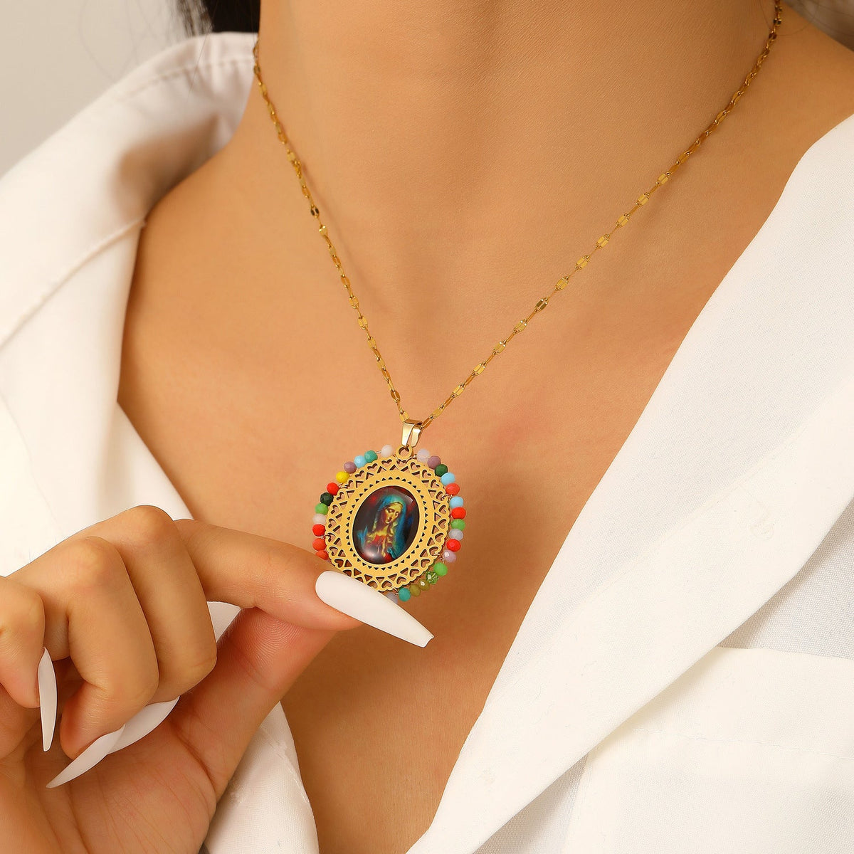 Stainless Steel Color Crystal Virgin Portrait Hollow Oval Necklaces