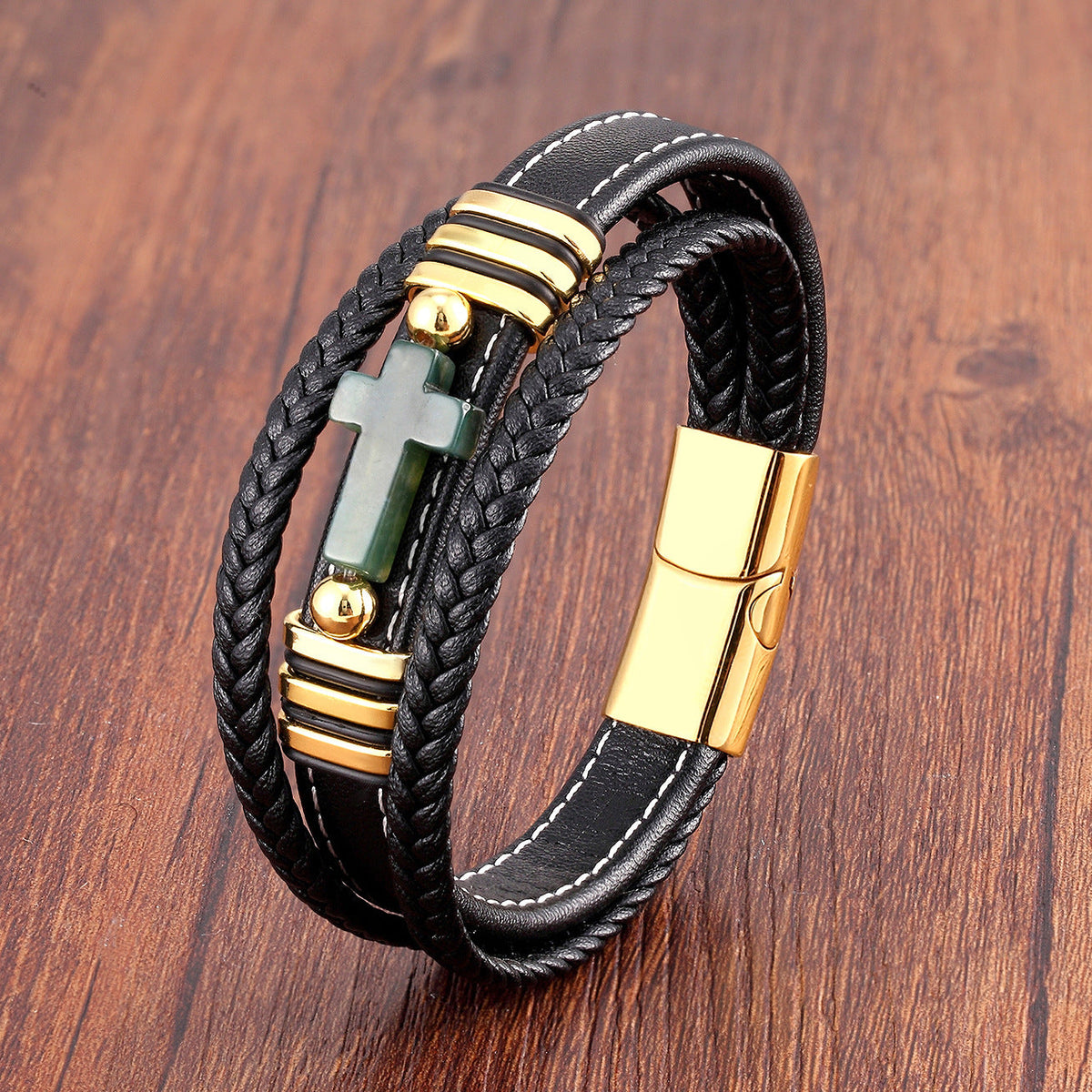 Men's Woven Leather Vintage Stone Cross Stainless Steel Bracelet