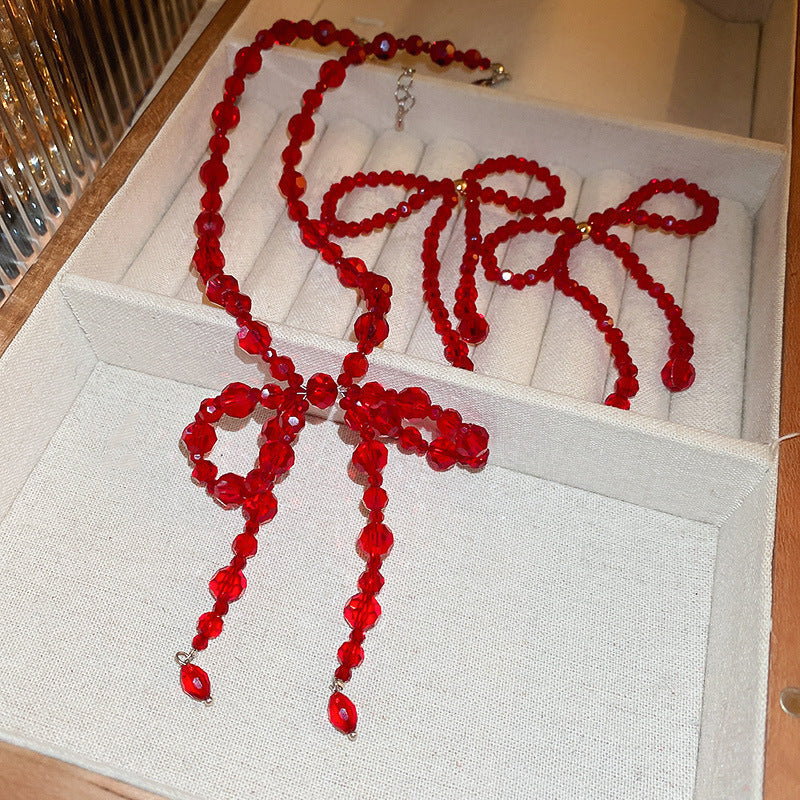 Women's Vintage Red Crystal Bow Tassel Sier Earrings