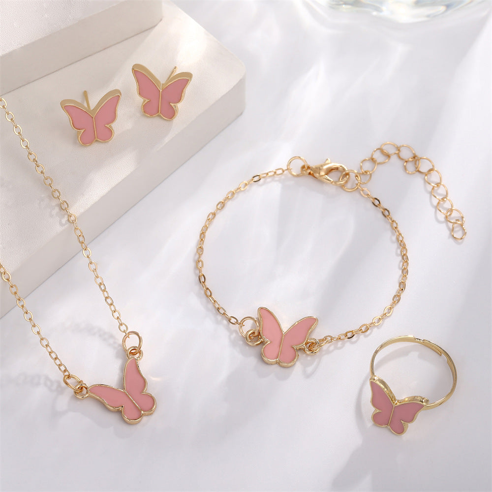 Korean Style Elegant Female Pink Dripping Butterfly Creative Classic Rings