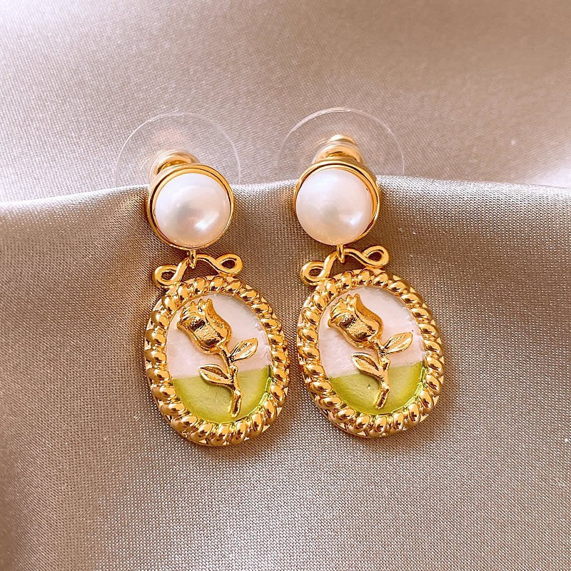 Jardin Monet Blue Glaze Flowers Pipa Pearl Chinese Retro Light Stud Earrings