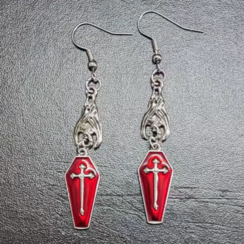 Women's Dark Goth Punk Coffin Heart Vampire Cross Earrings
