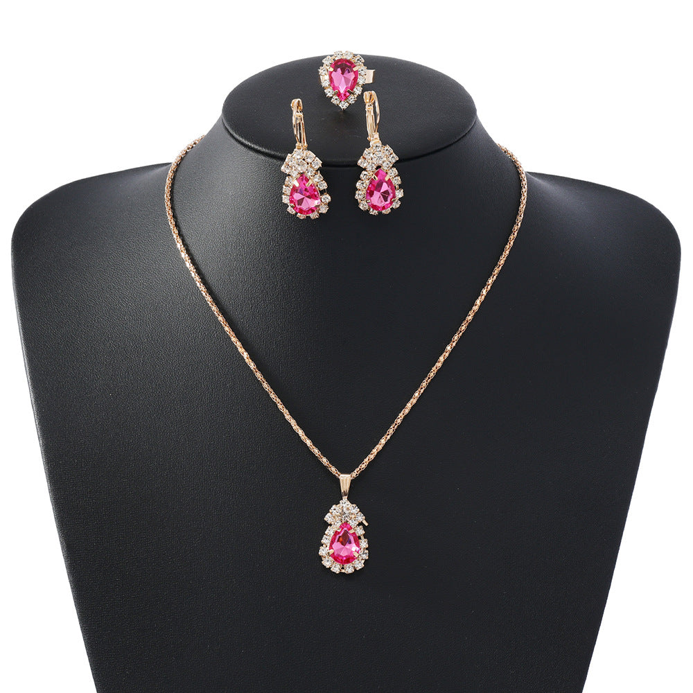 New Water Drop Heart-shaped Three-piece Jeweled Earrings