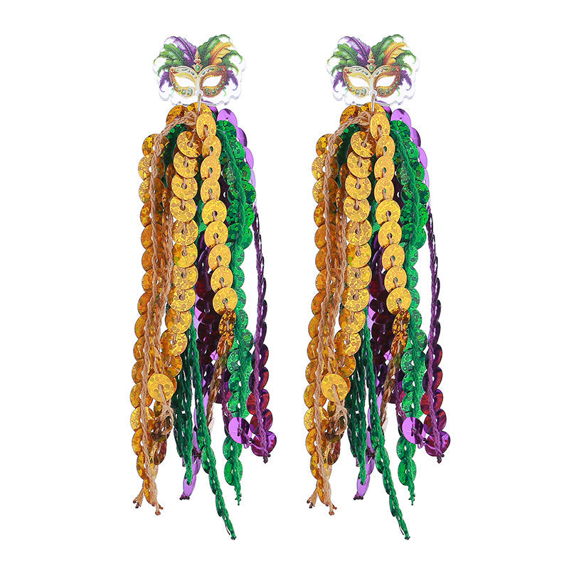 Purple Yellow Green Various Materials Ear Tassel Sequins Rhinestone Ball Earrings
