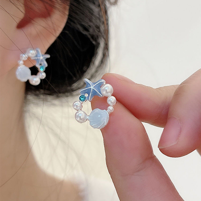 Women's Sier Needle Blue Starfish High-grade Fresh Stud Earrings