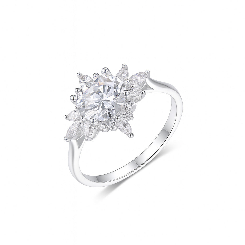 Women's Sier Round Main Stone Sunflower Moissanite Rings