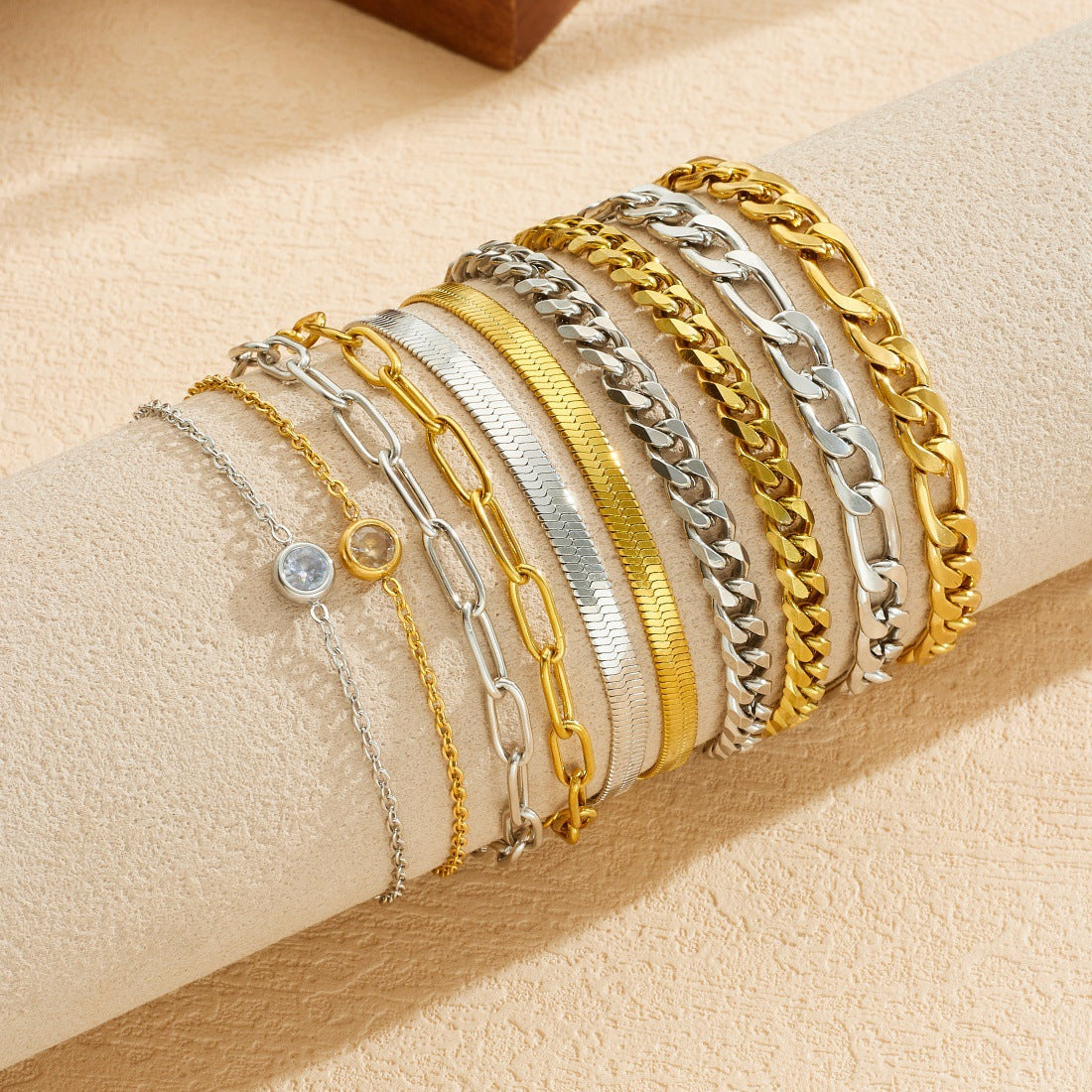 Fashionable Layered Wear Cuban Link Chain Cross Gold-plated Stainless Steel Bracelet