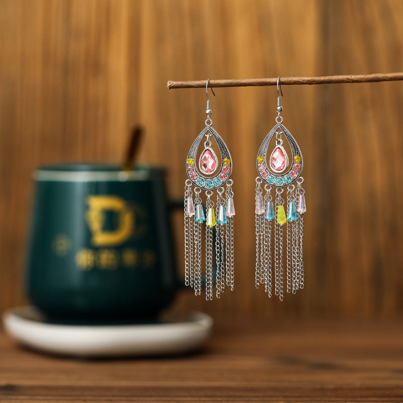 Chinese Style Long Chain Tassel Stylish Water Drop Earrings