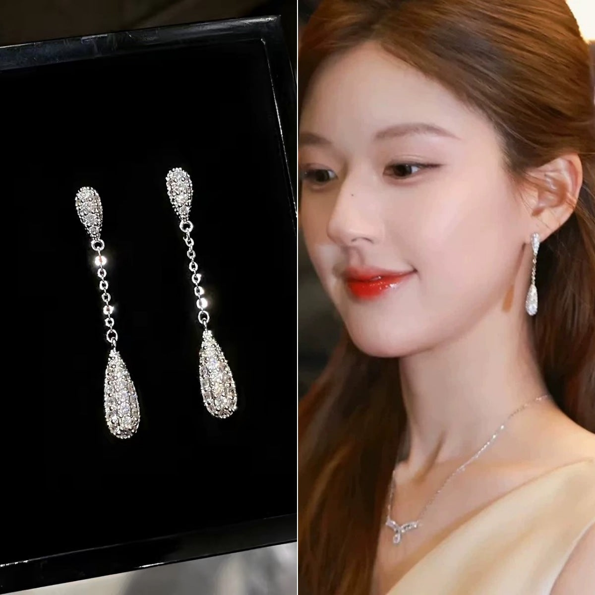 Streamer Full Diamond Water Drop Tassel Stud Earrings