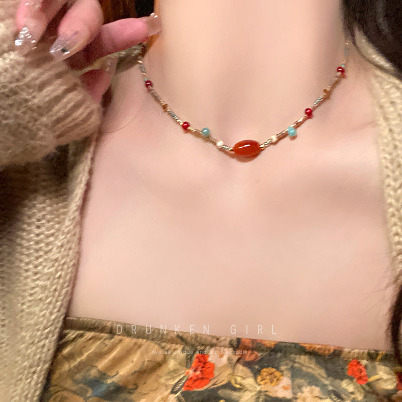 Women's Natural Stone Agate Bead Retro Ethnic Niche Stud Earrings