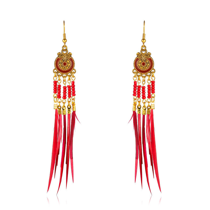 Women's Oil Dripping Round Small Colorful Feather Slimming Long Tassel Yunnan Stud Earrings