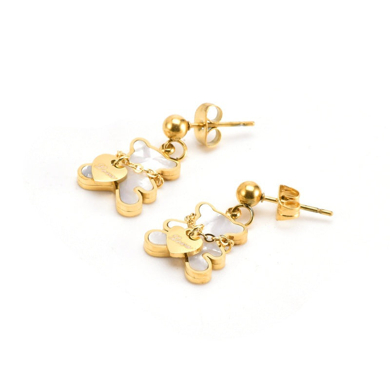 Steel Cute White Shell Heart Golden Bear Suit Jewelry Set