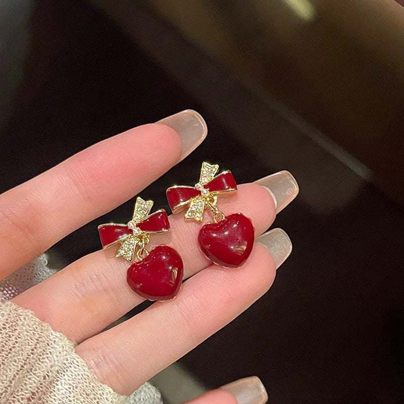Bow Love Heart Special Interest Light Luxury Temperament Peach Stud Earrings