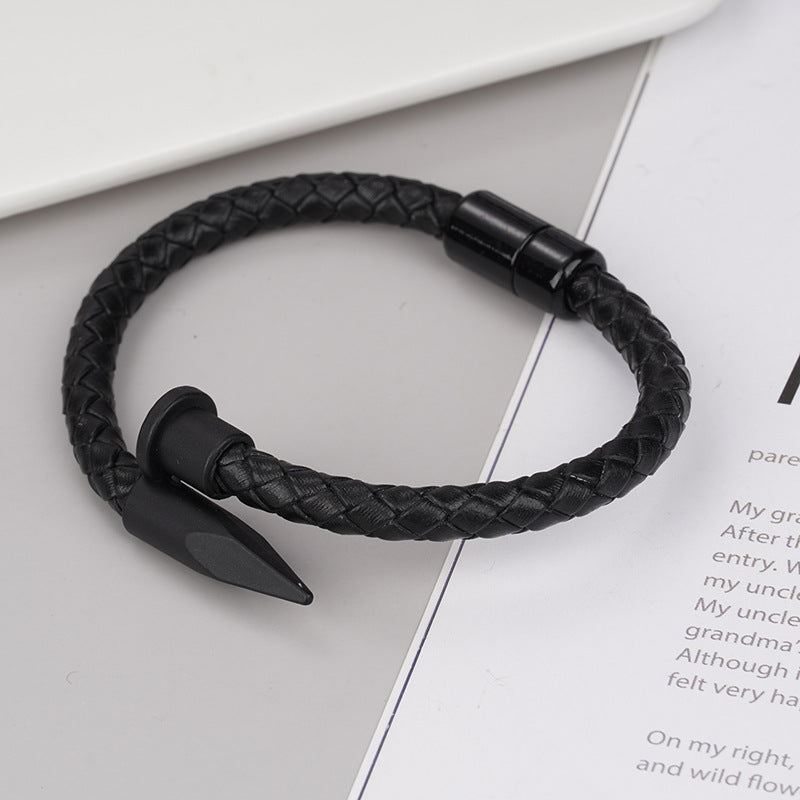 Men's Nail Head Woven Cowhide Stainless Steel Simple Black Bracelet