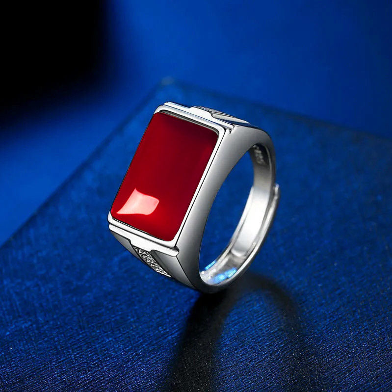 Women's & Men's Red Agate Adjustable Mouth Sier Blood Amber Opening Second Rings