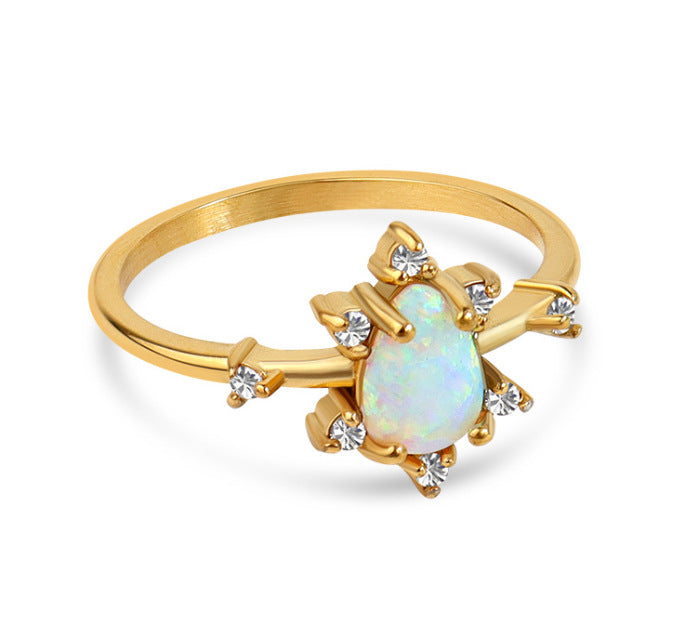 Retro High-grade Inlaid Exquisite Blue Heart-shaped Opal Fine Rhinestone Titanium Ring